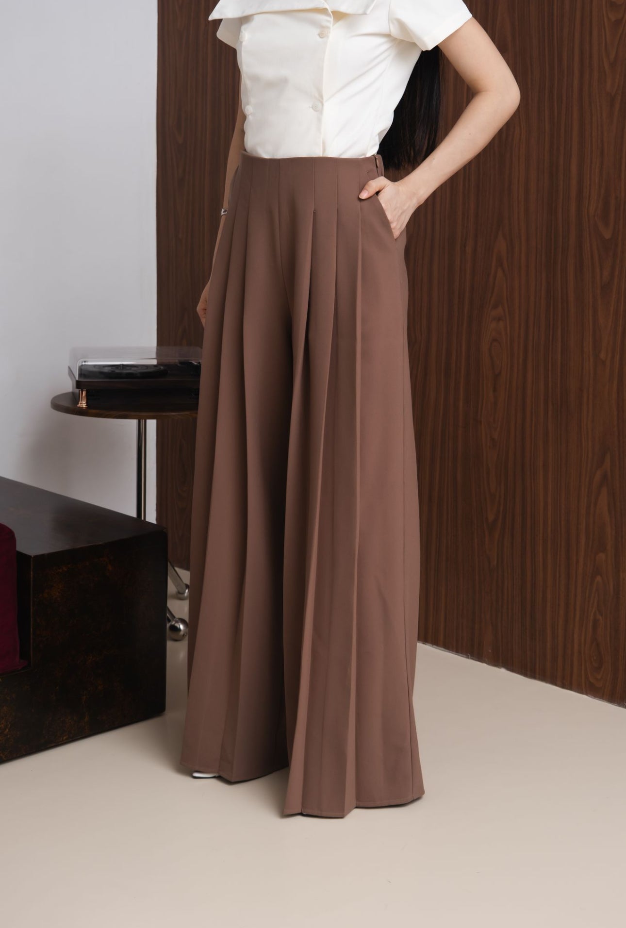 Zudith High Waisted Pleated Pants | Brown